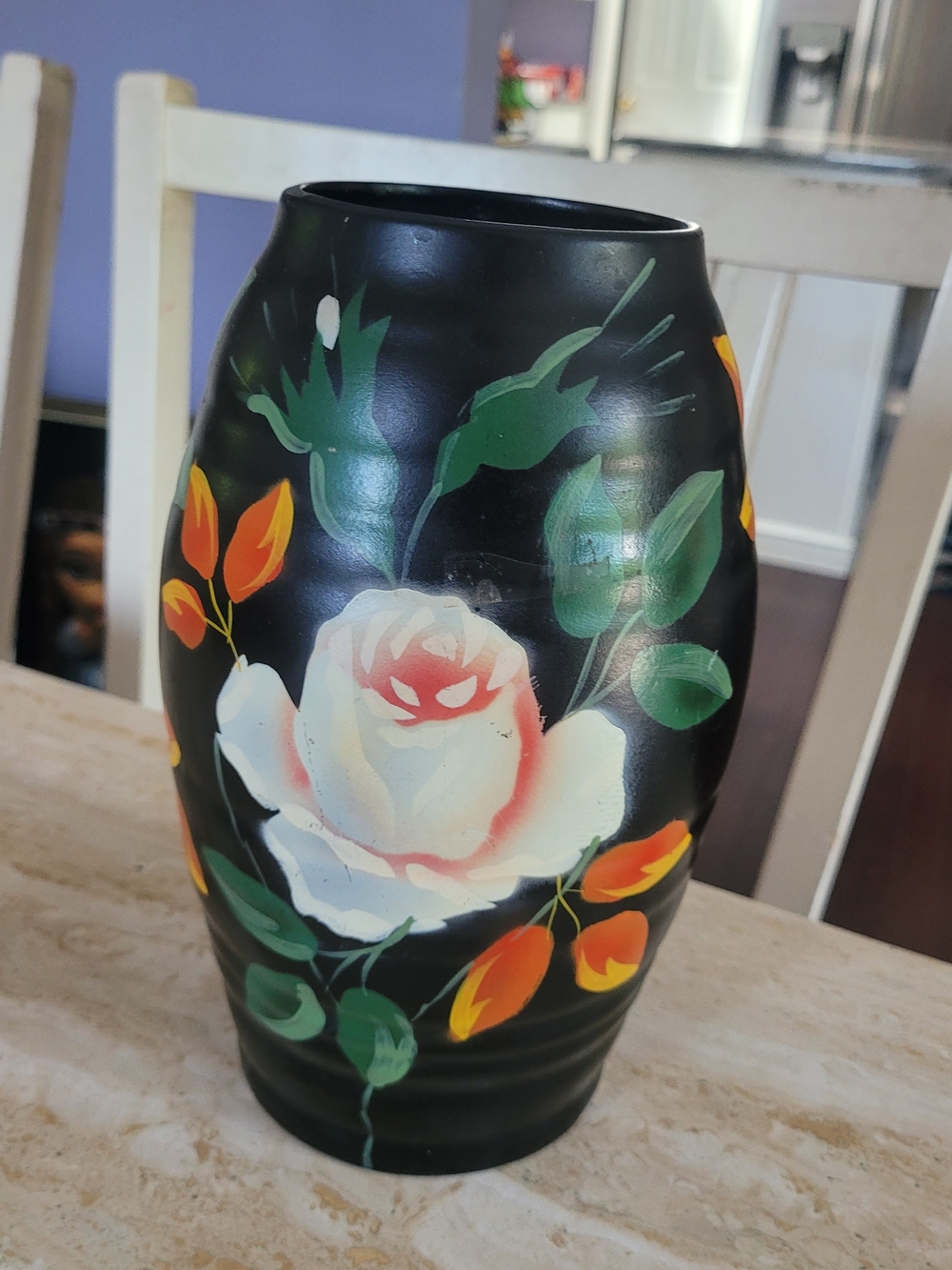 Vintage Black Floral Ceramic Vase with White Rose and Orange Buds